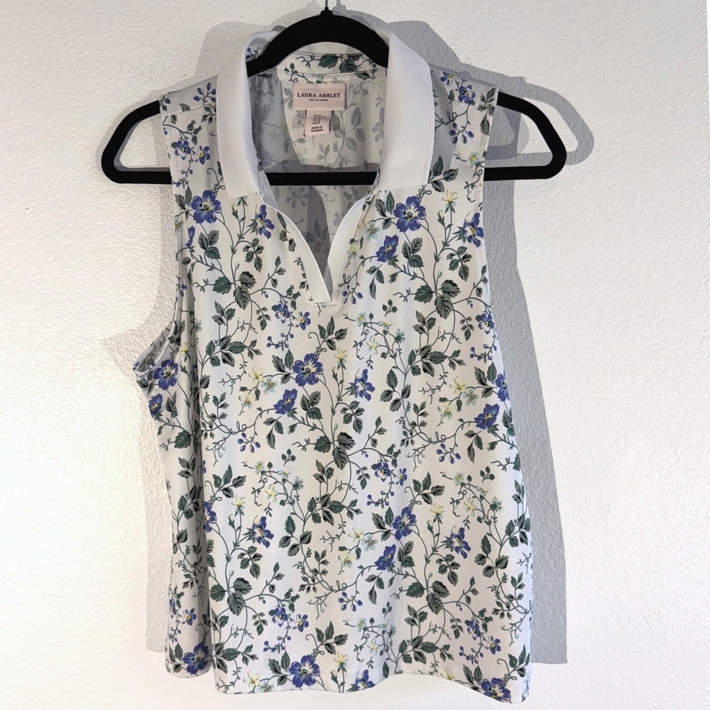 Laura Ashley Golf & Tennis Womens XL Sleeveless Polo Shirt Floral Blue White Top